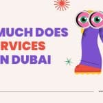 Illustration of colorful binoculars with legs and coins, next to bold text reading 'How much does SEO services cost in Dubai?' promoting digital marketing and SEO pricing in the UAE, with website URL www.zabtechdigital.ae