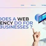 What Does A Web Dev Agency Do For Small Businesses? Excited man pointing upward with text asking 'What does a web dev agency do for small businesses?' next to a computer screen displaying a modern website interface – representing web development services for small business growth by ZabTech Digital.