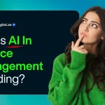 Why Is AI In Service Management Trending? A woman in a green sweater gestures thoughtfully against a colorful background, alongside text questioning AI's trend in service management.