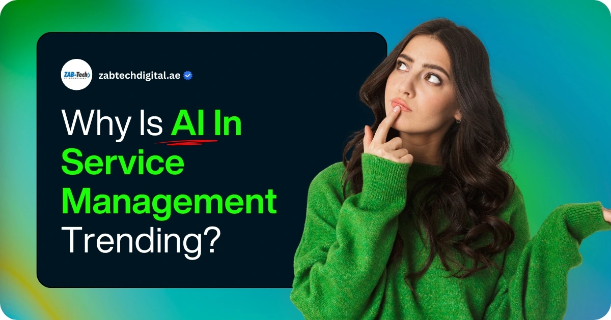 A woman in a green sweater gestures thoughtfully against a colorful background, alongside text questioning AI's trend in service management.
