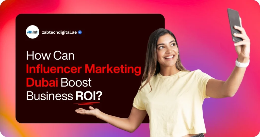 A woman in a yellow shirt holds a smartphone, posed as if taking a selfie, with a colorful gradient background and bold text about influencer marketing.