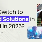 Why Switch to Cloud Solutions in Dubai in 2025? A woman holds a tablet in a data center, with digital graphics of cloud technology and networking elements overlaying the image.