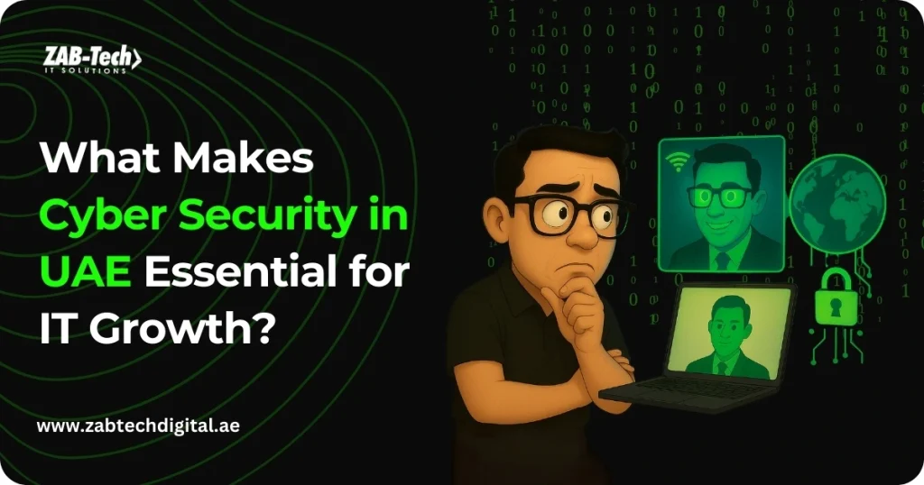 Illustration of a person contemplating cybersecurity in the UAE, surrounded by digital icons and a laptop, emphasizing IT growth importance.