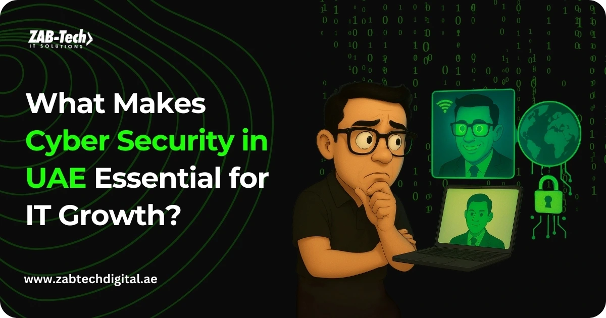 Illustration of a person contemplating cybersecurity in the UAE, surrounded by digital icons and a laptop, emphasizing IT growth importance.