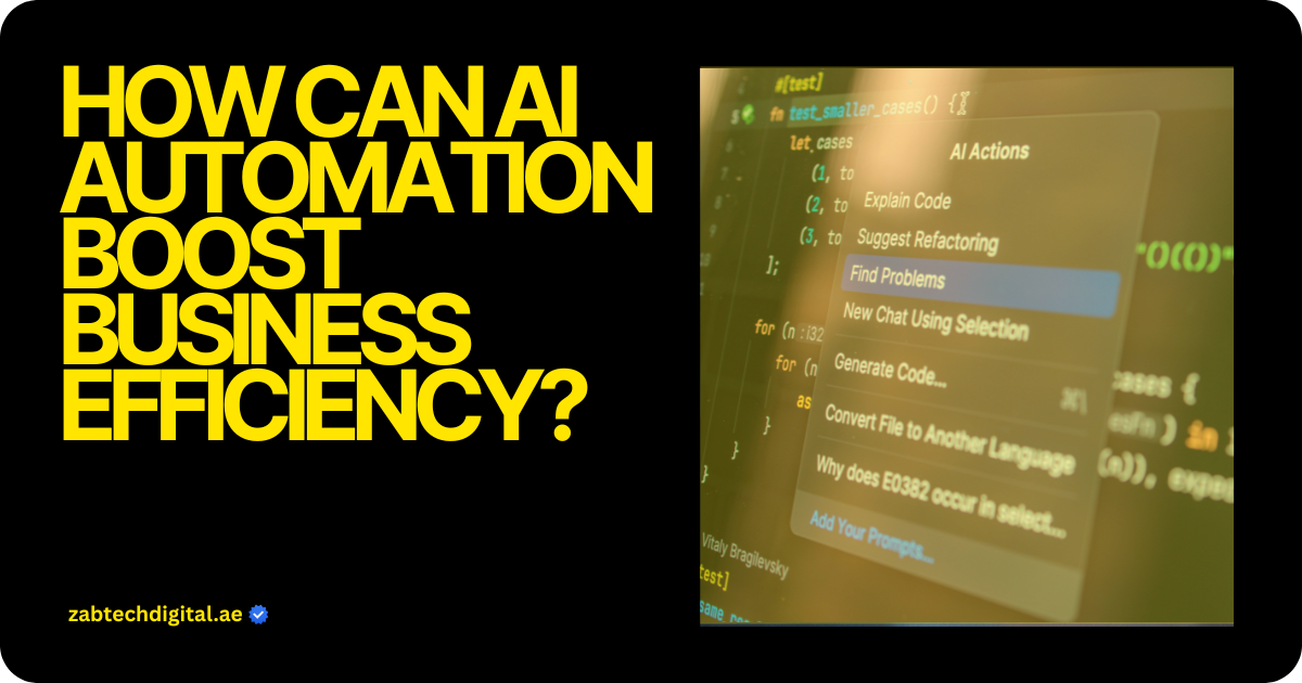 Graphic showing a professional working on a laptop with the question "How Can AI Automation Boost Business Efficiency?" against a digital data background.