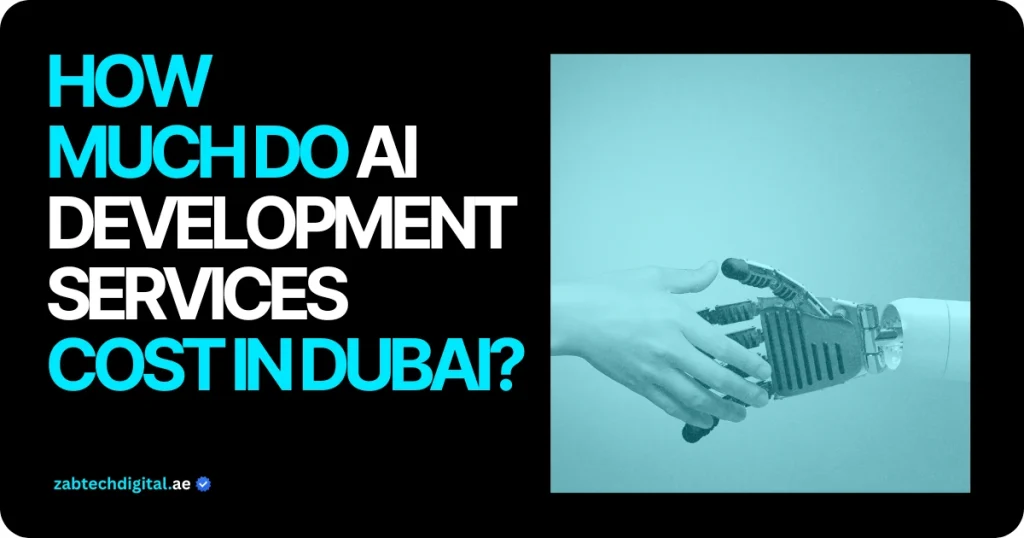 Informational banner titled 'How Much Do AI Development Services Cost in Dubai?' from Zabtech Digital, featuring a human hand shaking a robotic hand to promote AI software solutions and digital marketing agency services.